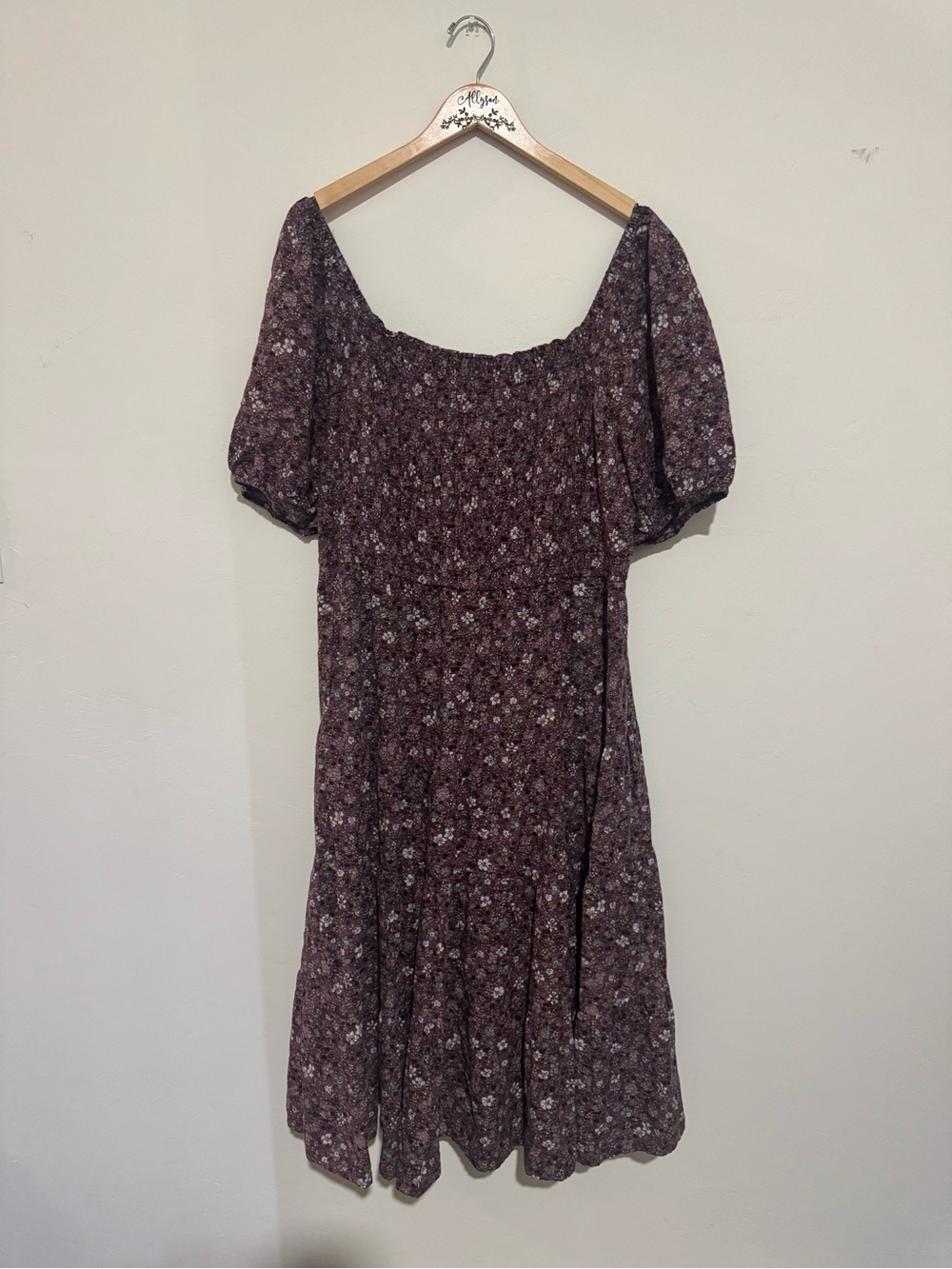 Sonoma Goods For Life Floral Smocked Midi Dress Puff Sleeve Tiered Purple 1X
